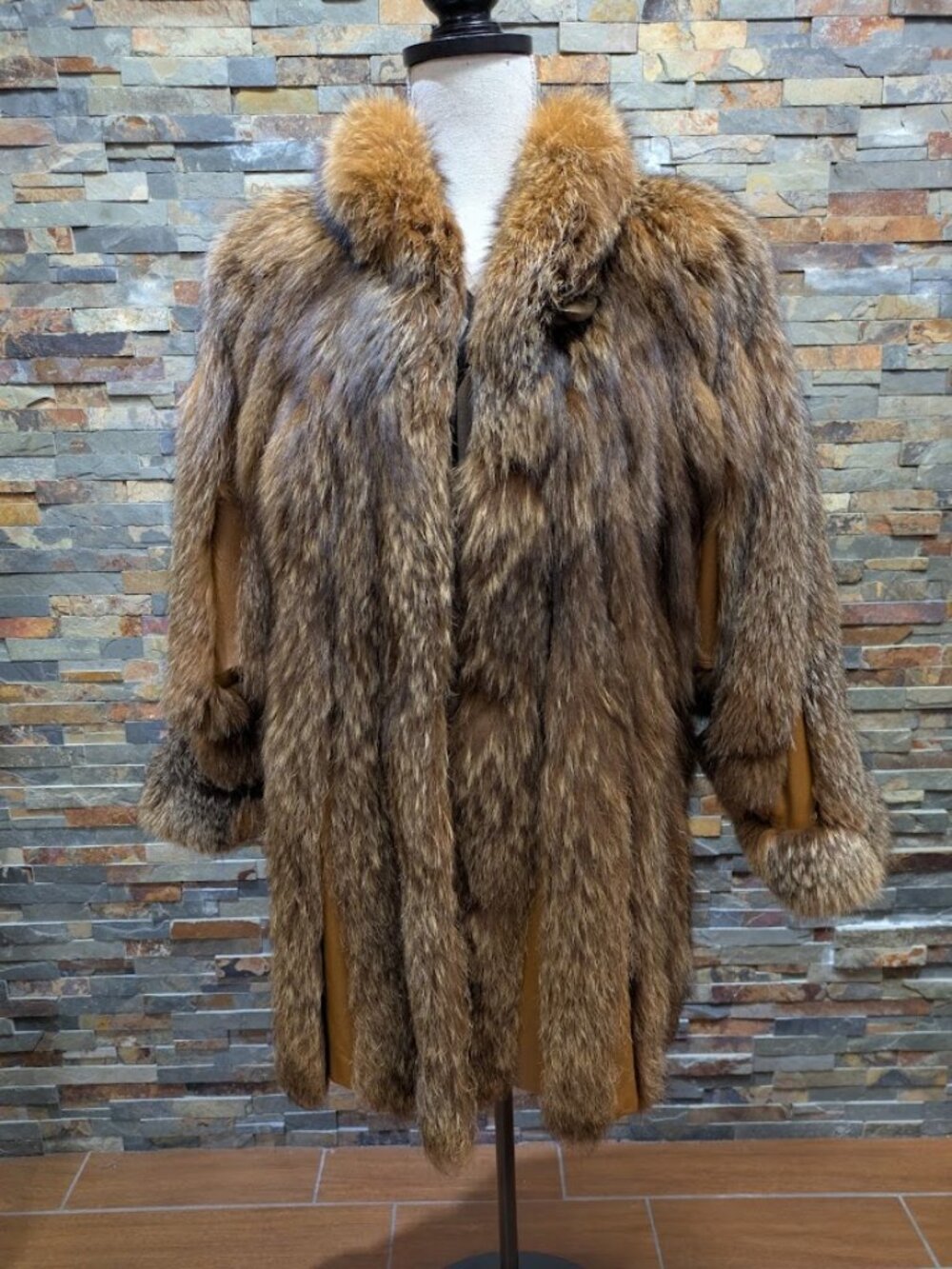 Brown Dyed Silver Blue Frost Fox Real Saga Fur Coat w Leather Inserts, size XL